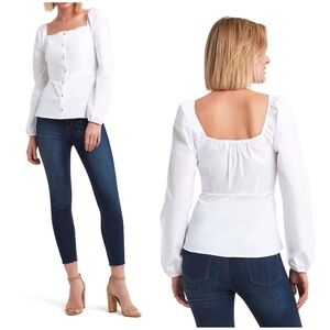 Halston Crisp White Stretch Poplin Square Neck Blouse